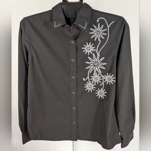 Embroidered Cowgirl Rhinestones Black Rockabilly Blouse - Starburst Pattern
